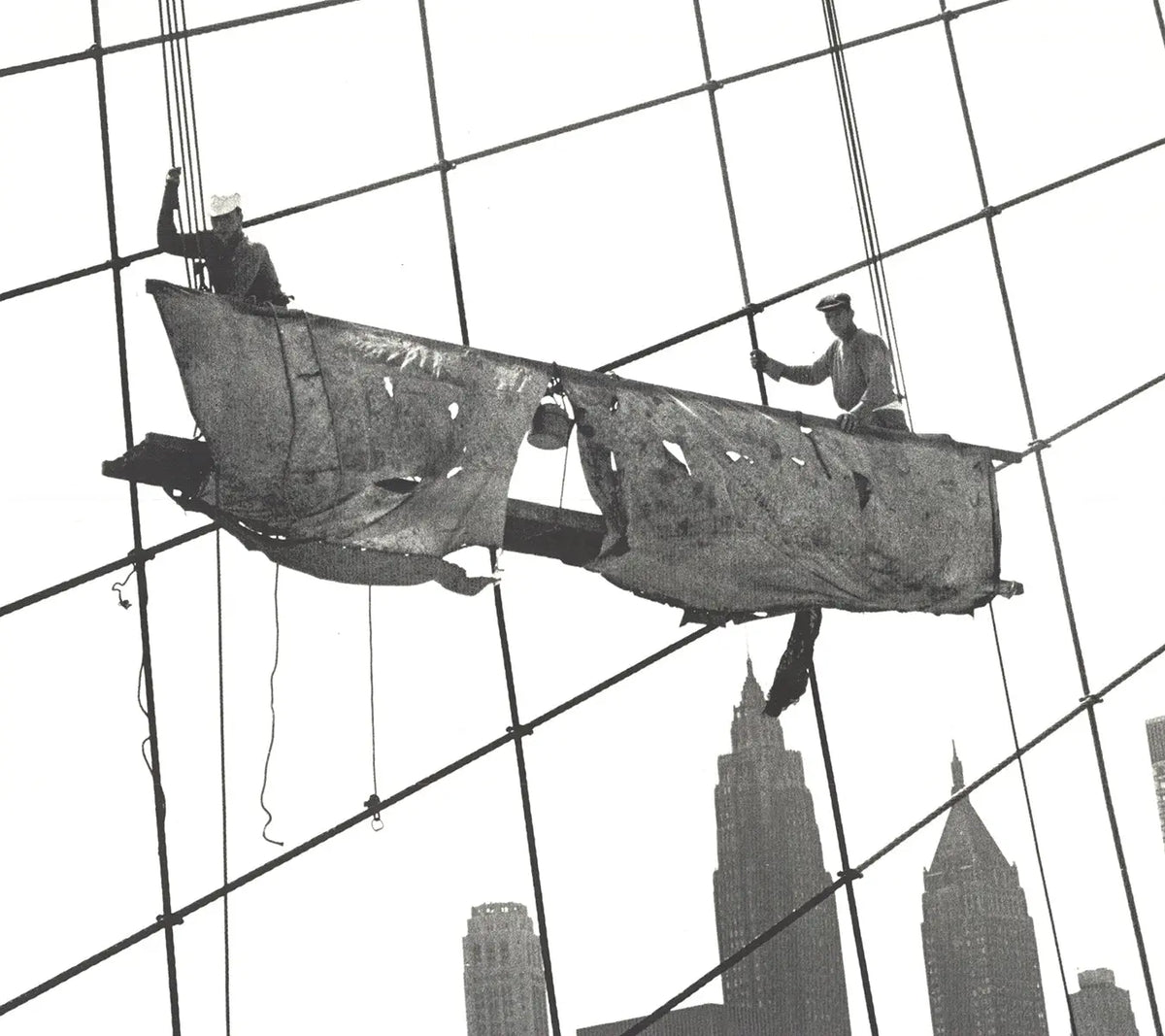 Otto Bettmann lithograph poster featuring a 1991 scene of workers on the Brooklyn Bridge, detailed vintage art print.