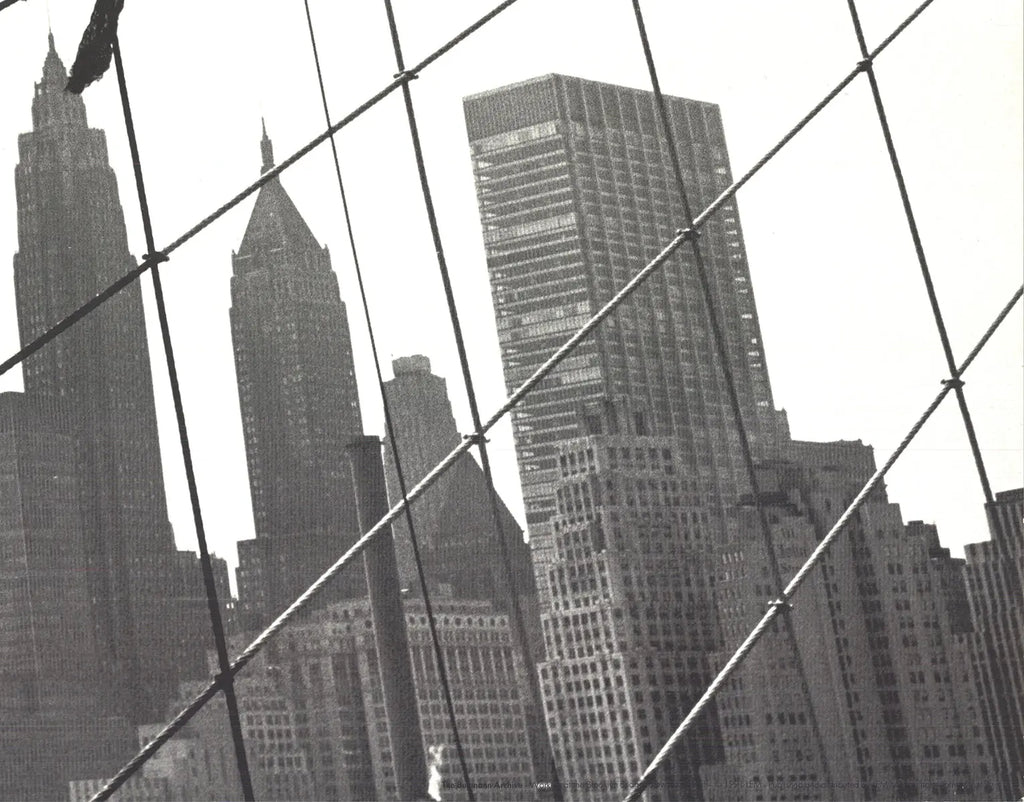 Otto Bettmann lithograph poster of workers on the Brooklyn Bridge, vintage 1991 art print depicting construction scene.
