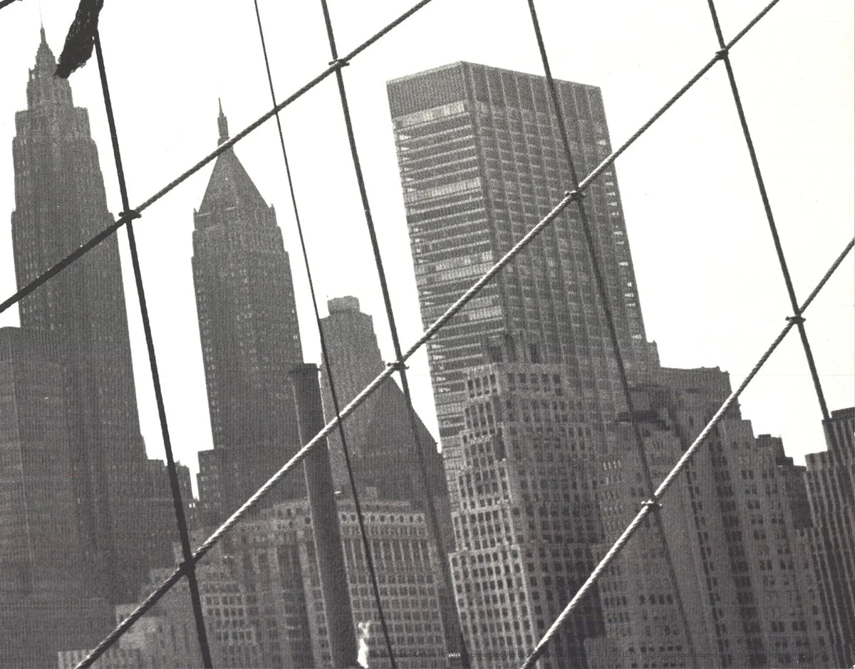 Otto Bettmann lithograph poster of workers on the Brooklyn Bridge, vintage 1991 art print depicting construction scene.