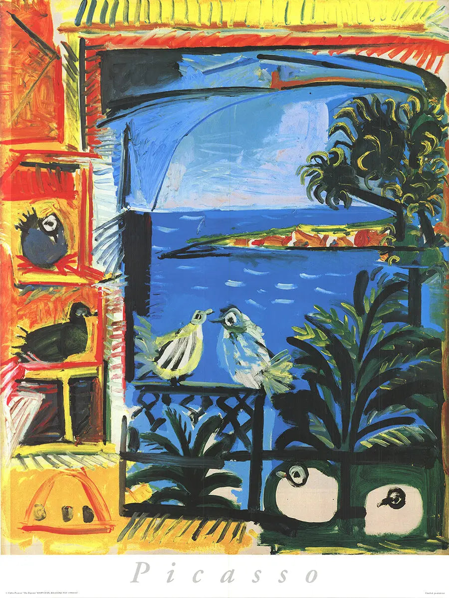 Original Pablo Picasso The Pigeons 1995 offset lithograph art poster showing pigeons in abstract style by Picasso
