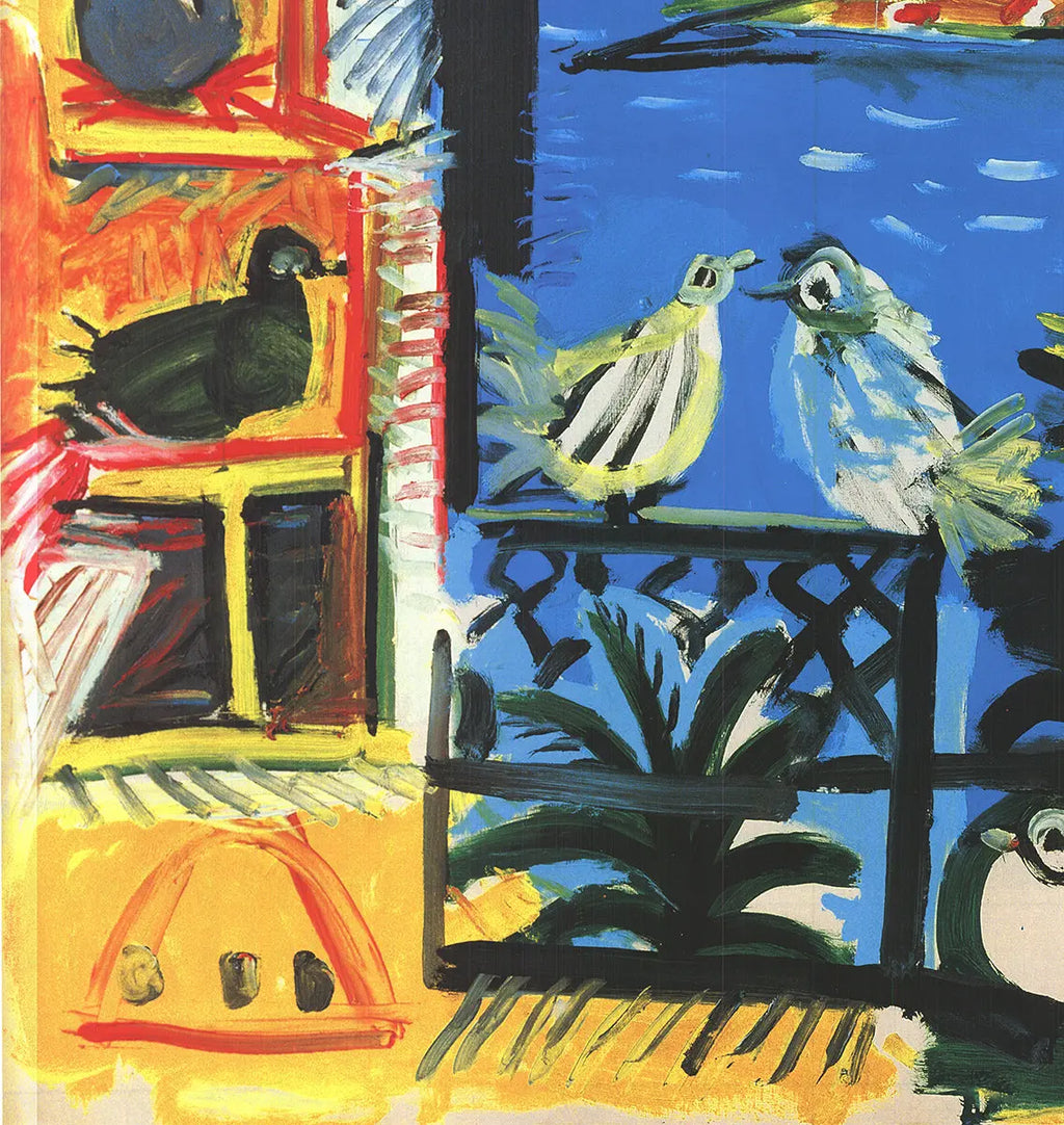 Original Pablo Picasso The Pigeons 1995 offset lithograph art poster featuring pigeons, vibrant colors, and abstract style.