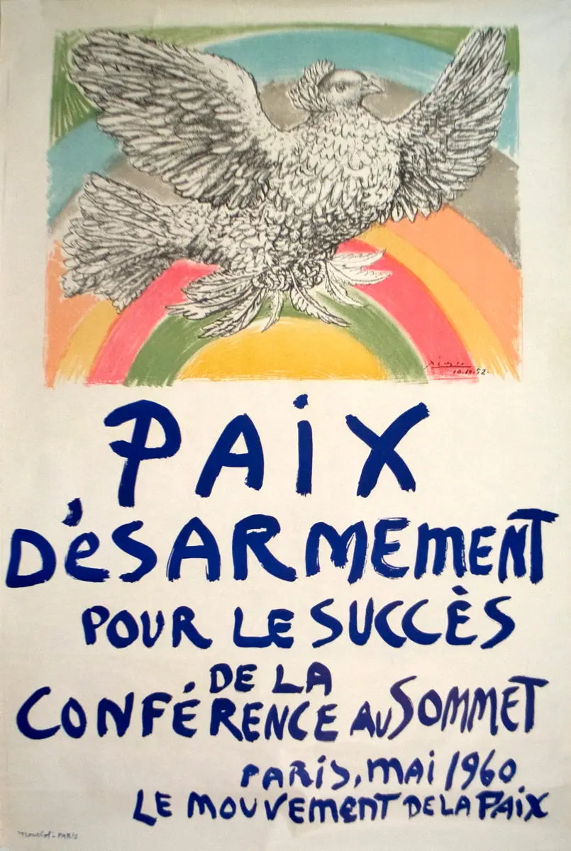 Original 1960 Pablo Picasso lithograph poster titled "Paix Disarmement Peace" from the exhibition, featuring abstract artwork by Picasso.