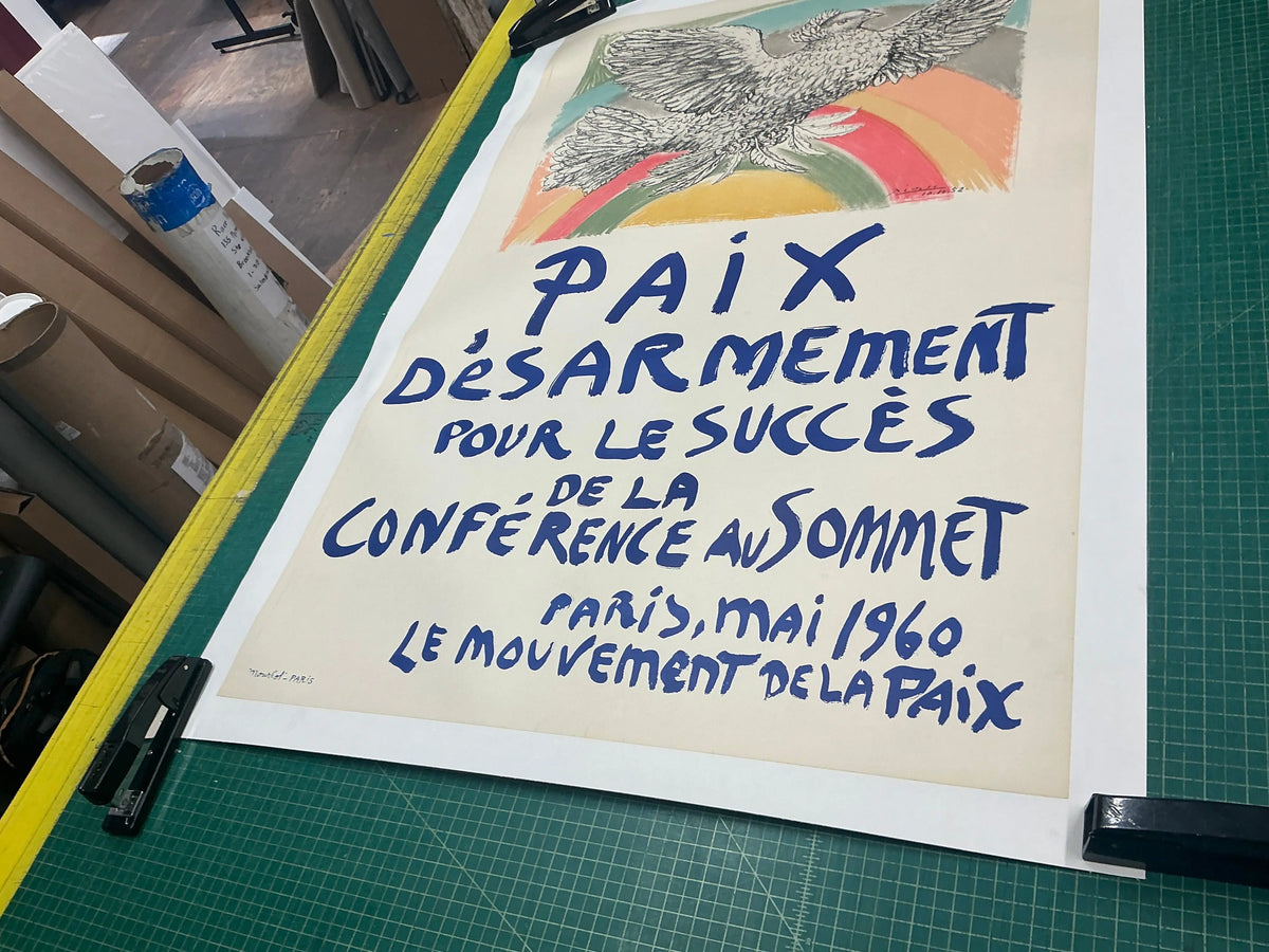 Original 1960 Pablo Picasso lithograph lithograph poster titled "Paix Disarmement Peace" from the Picasso exhibition.