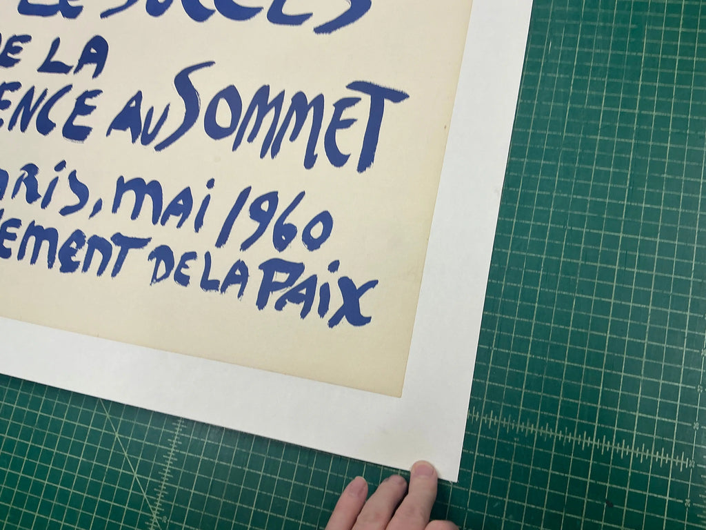 Original 1960 Pablo Picasso lithograph poster titled "Paix Disarmament Peace" from exhibition, featuring abstract artwork by Picasso.