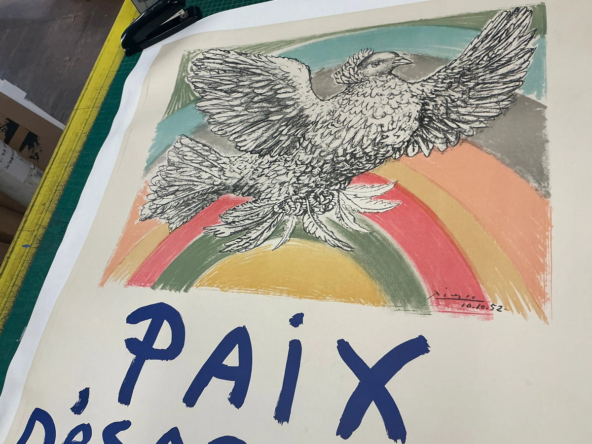 Original 1960 Pablo Picasso lithograph exhibition poster titled "Paix Disarmement Peace" featuring abstract artwork.