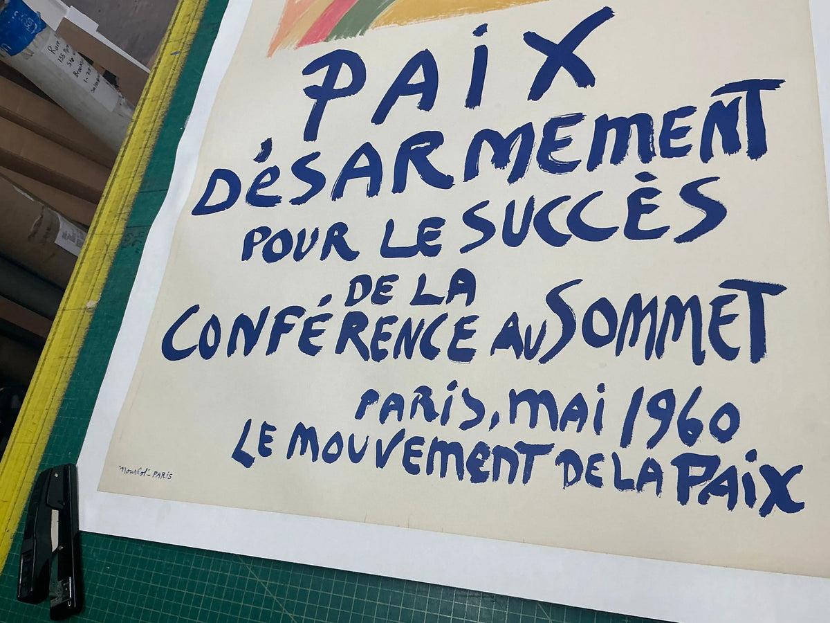 Original 1960 Pablo Picasso lithograph exhibition poster titled "Paix Disarmement Peace," featuring artwork promoting peace and disarmament.
