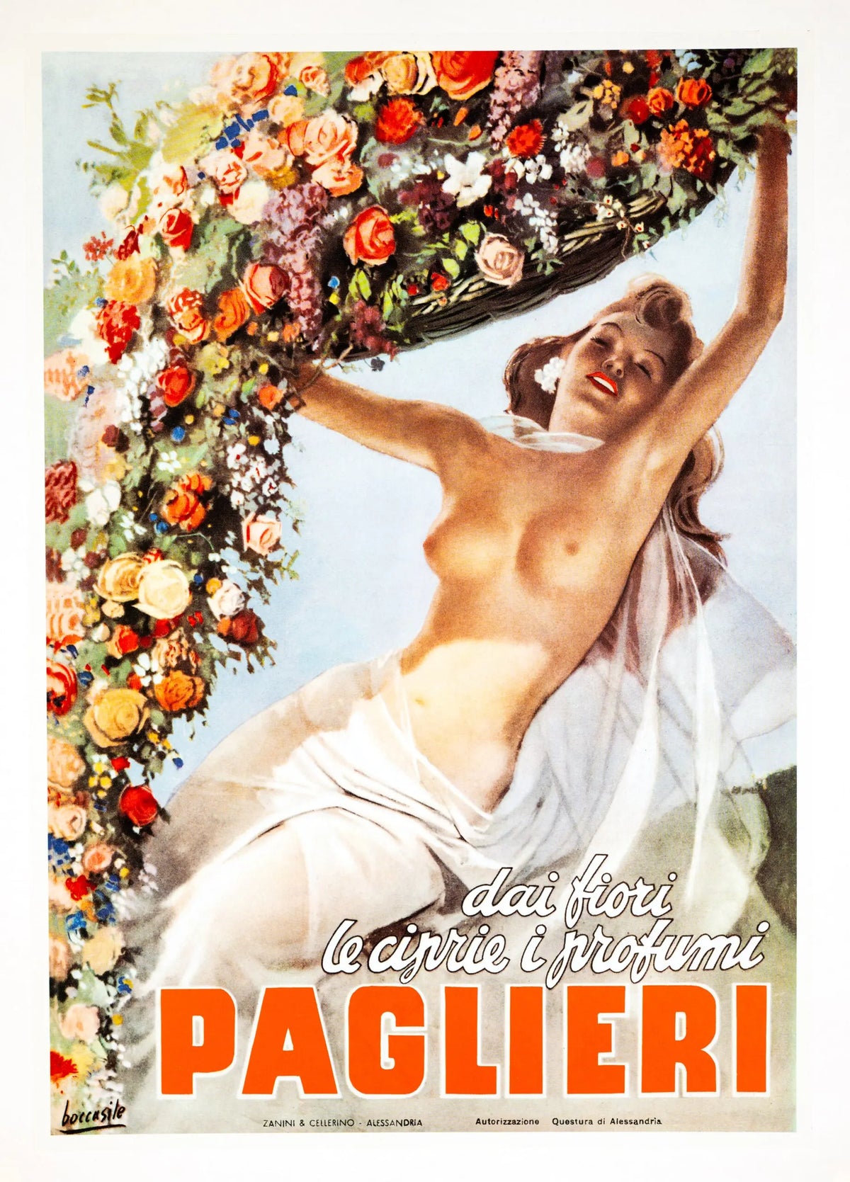 Vintage advertising poster for Paglieri Perfumed Talc featuring artwork by Gino Boccasile from 1950.