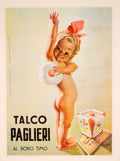 Vintage Italian advertising poster for Talco Paglieri 1950, featuring artwork by Gino Boccasile, showcasing classic Italian design.