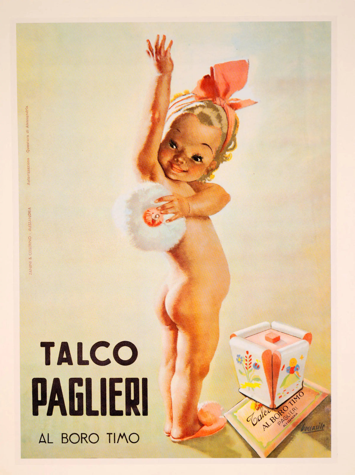 Vintage Italian advertising poster for Talco Paglieri 1950, featuring artwork by Gino Boccasile, showcasing classic Italian design.