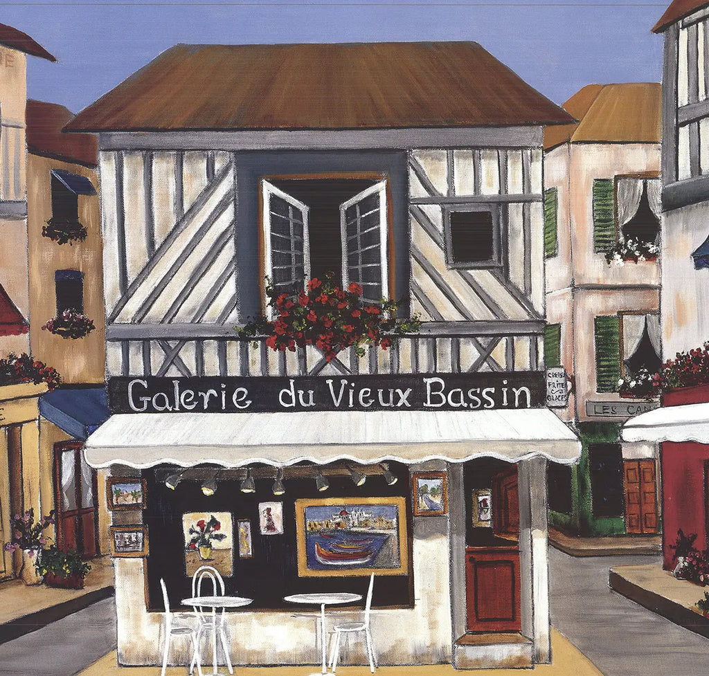 Patricia George Galerie du Vieux Bassin 1998 offset lithograph art poster, colorful coastal scene with boats and historic buildings.