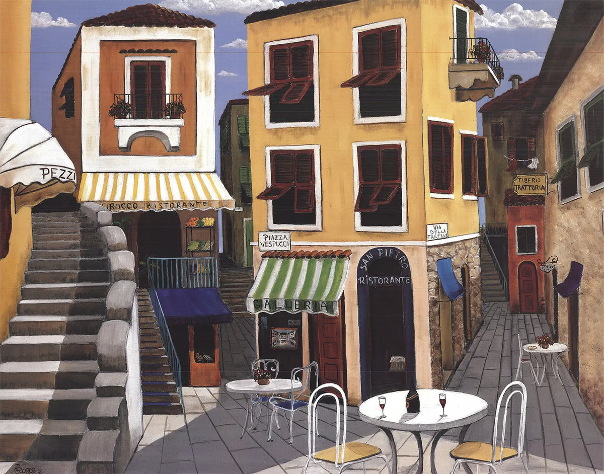 Patricia George Piazza Vespucci 1998 offset lithograph architecture art poster showing detailed cityscape in vibrant colors.