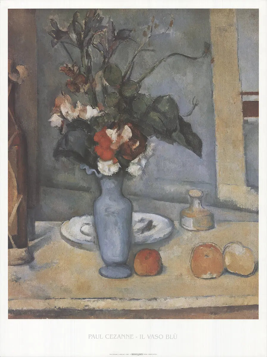 Paul Cezanne Blue Vase Impressionist offset lithograph art print showcasing a still life with a blue vase and vibrant brushstrokes.