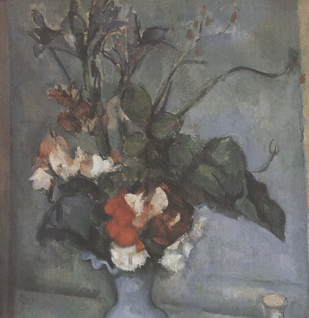 Paul Cezanne Blue Vase impressionist offset lithograph art print showing a still life with blue vase and vibrant brushstrokes
