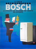 Original 1963 Bosch refrigerator lithograph poster by Paul Colin, vintage artwork featuring a classic Bosch fridge design.