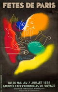 Original Paul Colin Fêtes de Paris 1935 Art Deco poster featuring vibrant Parisian celebration imagery and bold graphic design.