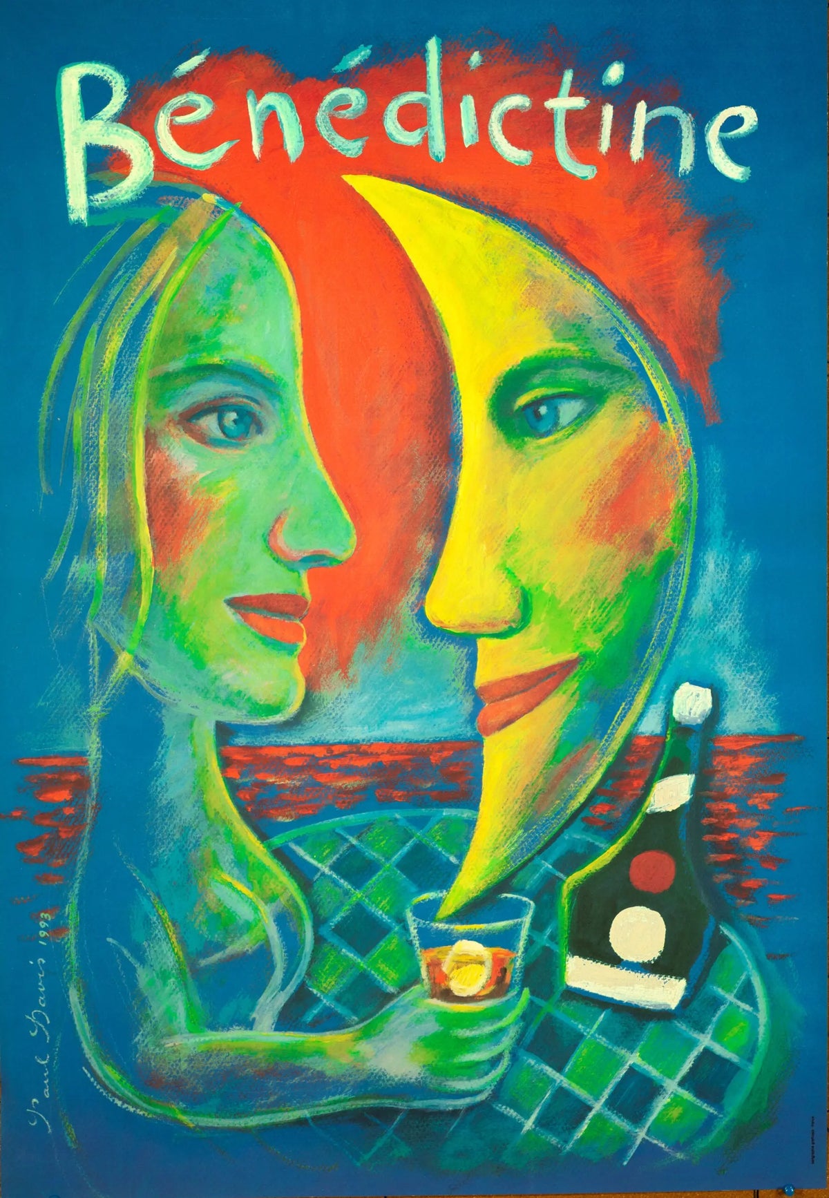 Vintage 1993 Benedictine Liqueur Paul Davis French advertising poster with classic design and branding elements.