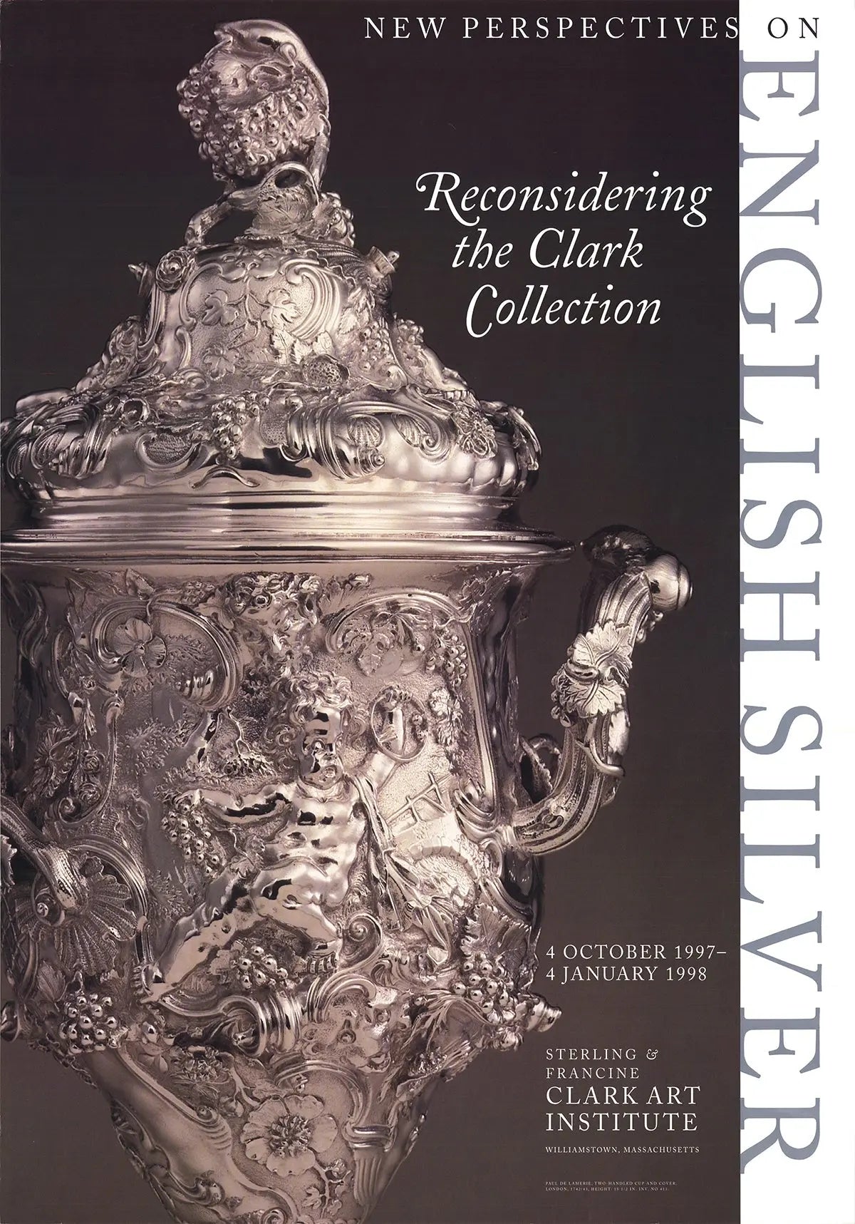 Paul De Lamerie two-handled cup and cover exhibition poster from 1997 featuring detailed design and craftsmanship.