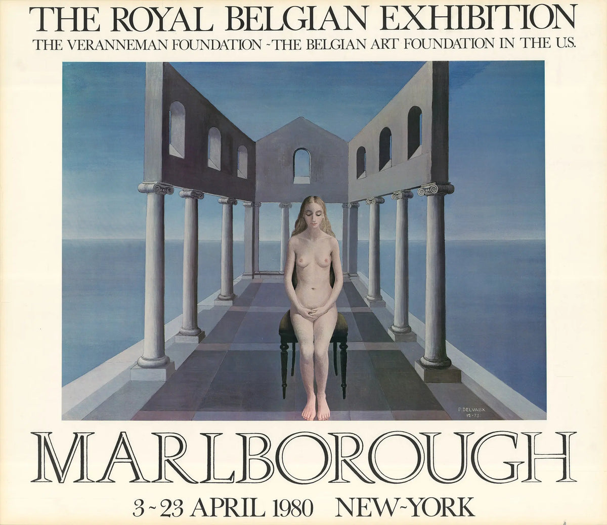 Vintage Paul Delvaux surrealist art poster from the 1980 Royal Belgian Exhibition, featuring imaginative, dreamlike imagery.