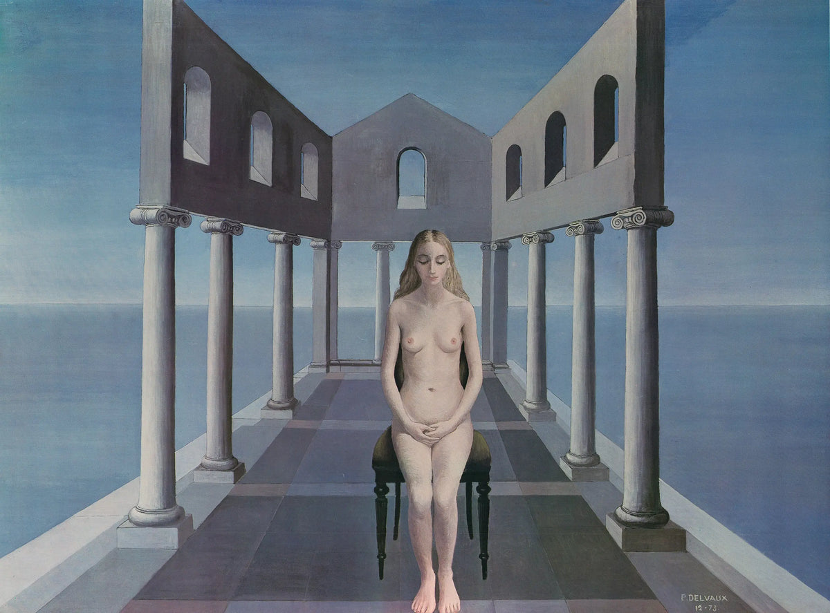 Vintage surrealist art poster by Paul Delvaux for the 1980 Royal Belgian Exhibition, featuring dreamlike imagery and artistic design.