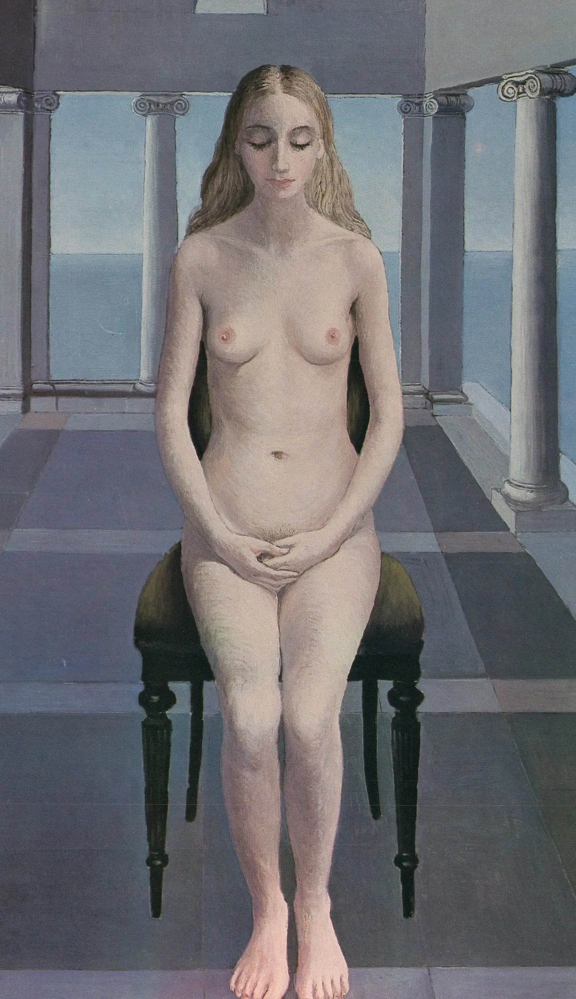 Vintage surrealist art poster by Paul Delvaux for the 1980 Royal Belgian Exhibition, showcasing surrealist imagery and style.