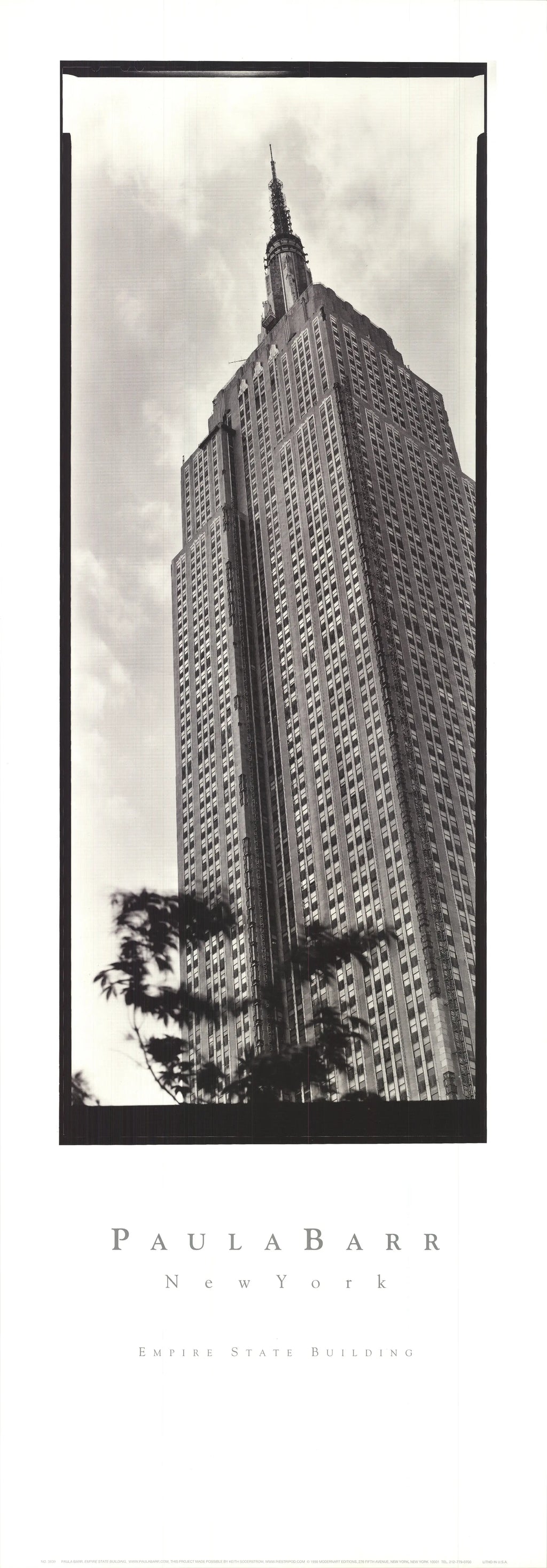 Black and white architecture poster of the Empire State Building by Paula Barr, showcasing detailed 1998 skyline artwork.