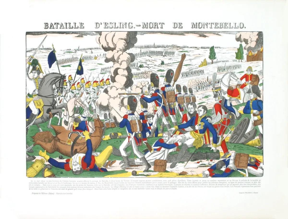 Antique woodblock art print by Jean-Georges Pellerin, Bataille d'Esling 1912, from Pellerin et Cie, featuring detailed historical scene.