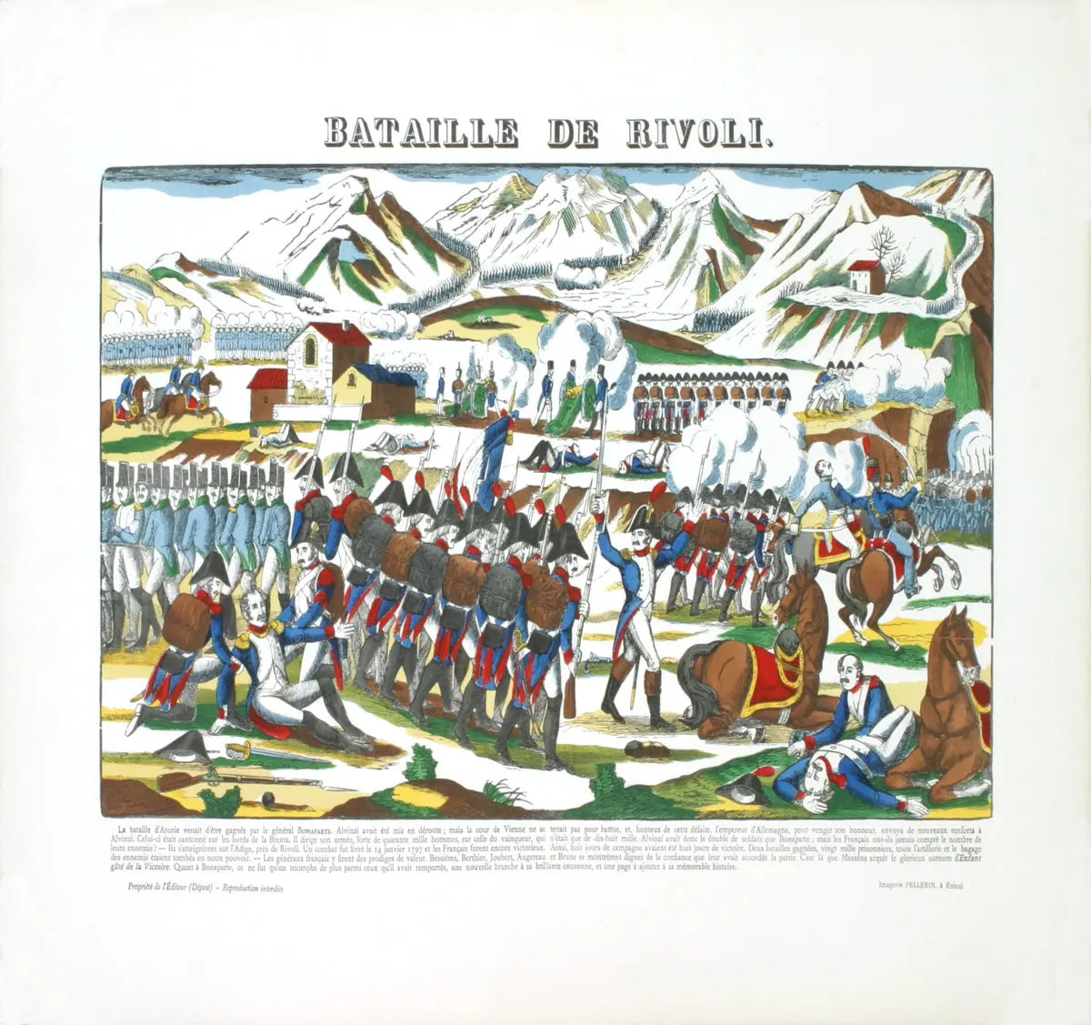 Woodblock print of Napoleon Bataille de Rivoli 1912 by Jean-Georges Pellerin, detailed historical battlefield scene.