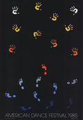 Original offset lithograph poster by Per Arnoldi for the 1985 American Dance Festival, featuring vibrant graphic artwork.