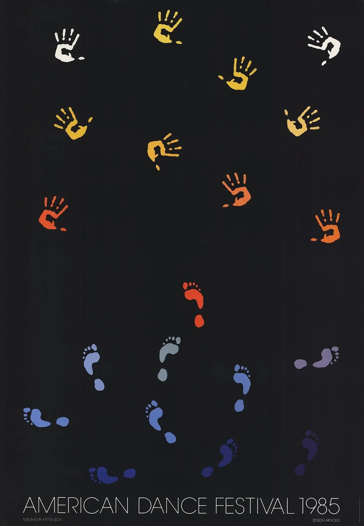 Original offset lithograph poster by Per Arnoldi for the 1985 American Dance Festival, featuring vibrant graphic artwork.