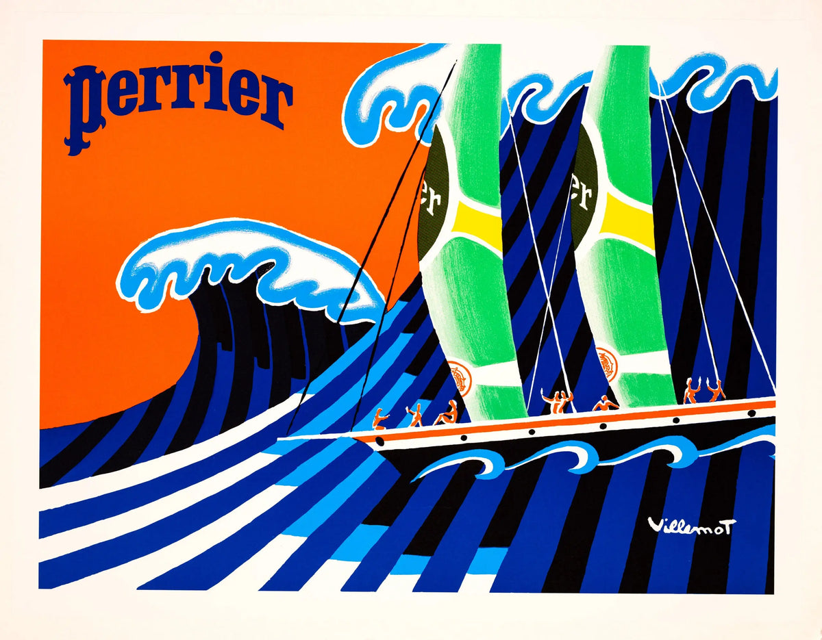 Vintage Perrier poster featuring Bernard Villemot's Hokusai Wave design on linen, showcasing vibrant colors and artistic style.