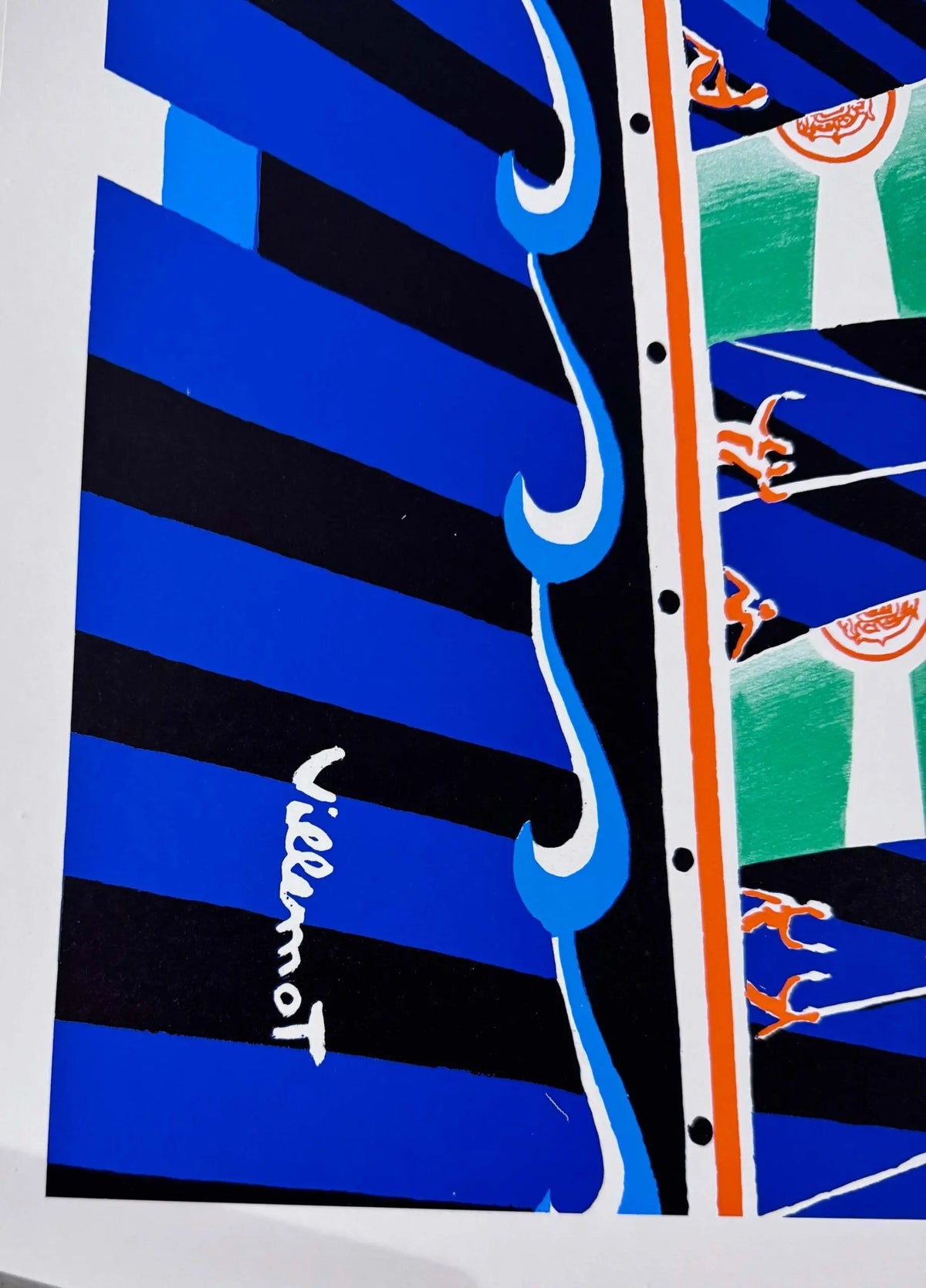 Vintage Perrier poster featuring Bernard Villemot's Hokusai Wave design from 1980 on linen, showcasing vibrant Japanese-inspired art.