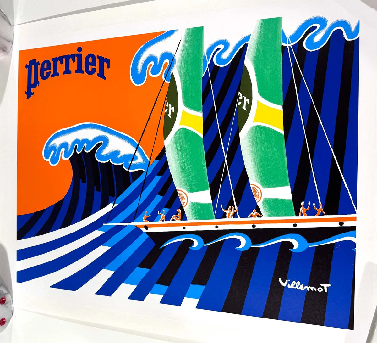 Vintage Perrier poster featuring Bernard Villemot’s Hokusai Wave design on linen, original 1980 artwork by Perrier.