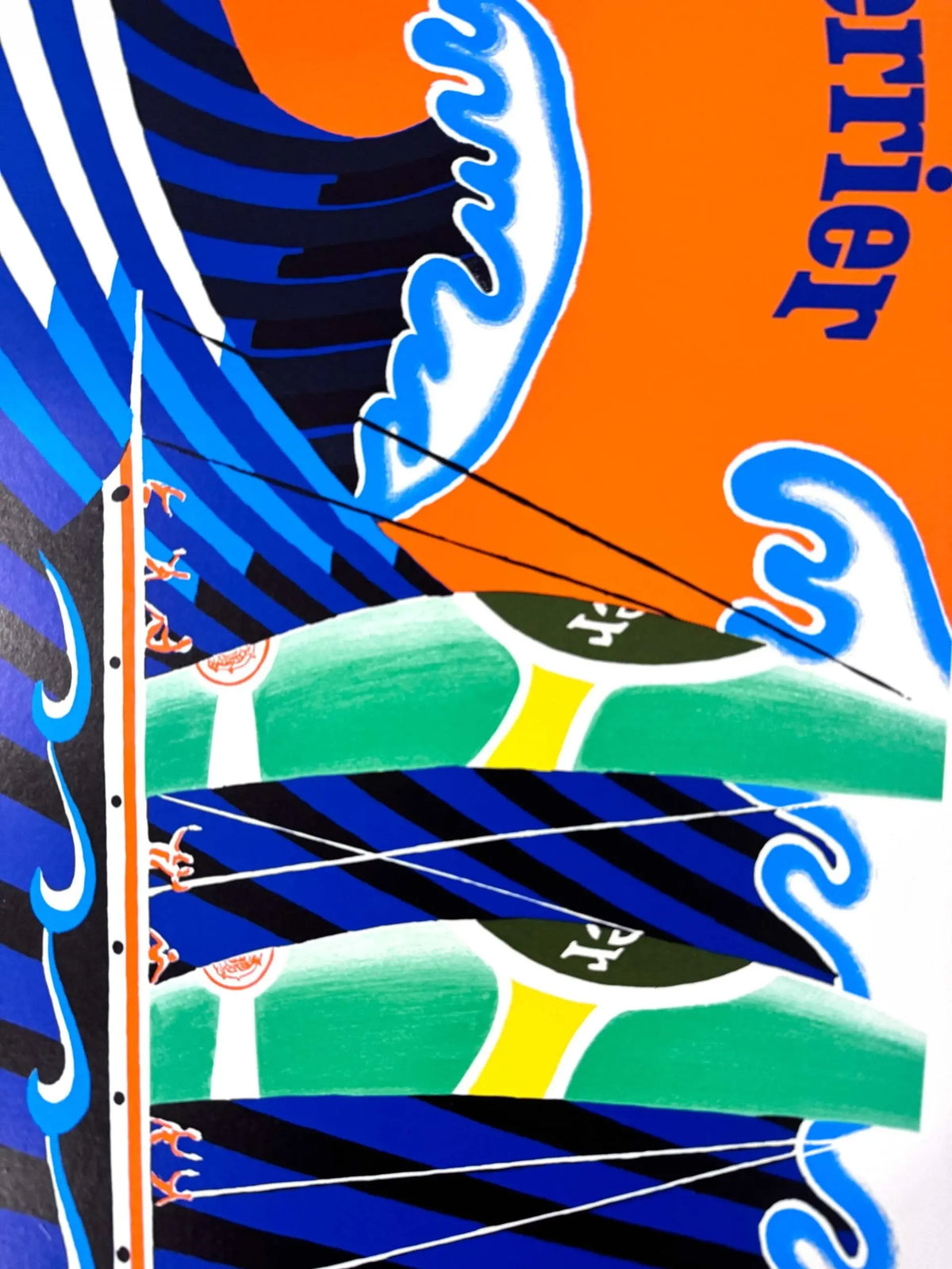 Vintage Perrier poster featuring Bernard Villemot's Hokusai Wave design on linen, original 1980 artwork with vibrant wave imagery.