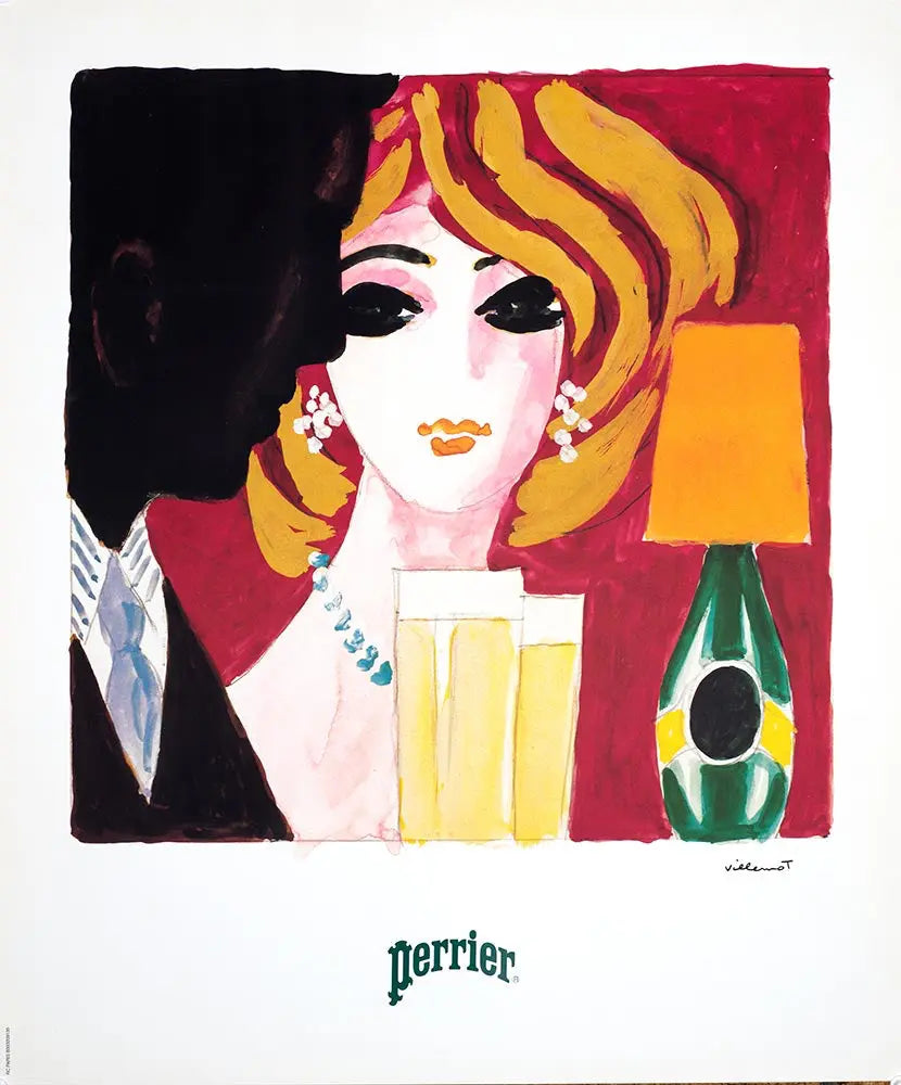 Vintage Perrier 1983 cocktail poster by Bernard Villemot featuring colorful artwork and classic branding design.