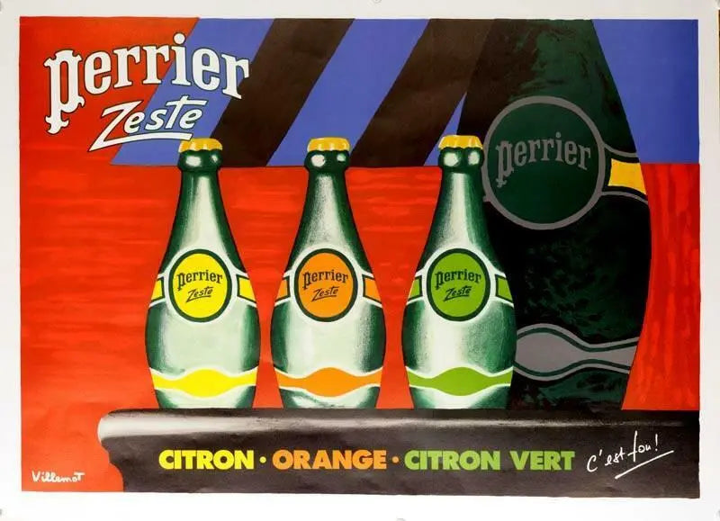 Vintage Perrier Zeste 1987 poster by Bernard Villemot, linen-backed lithograph featuring colorful citrus design.