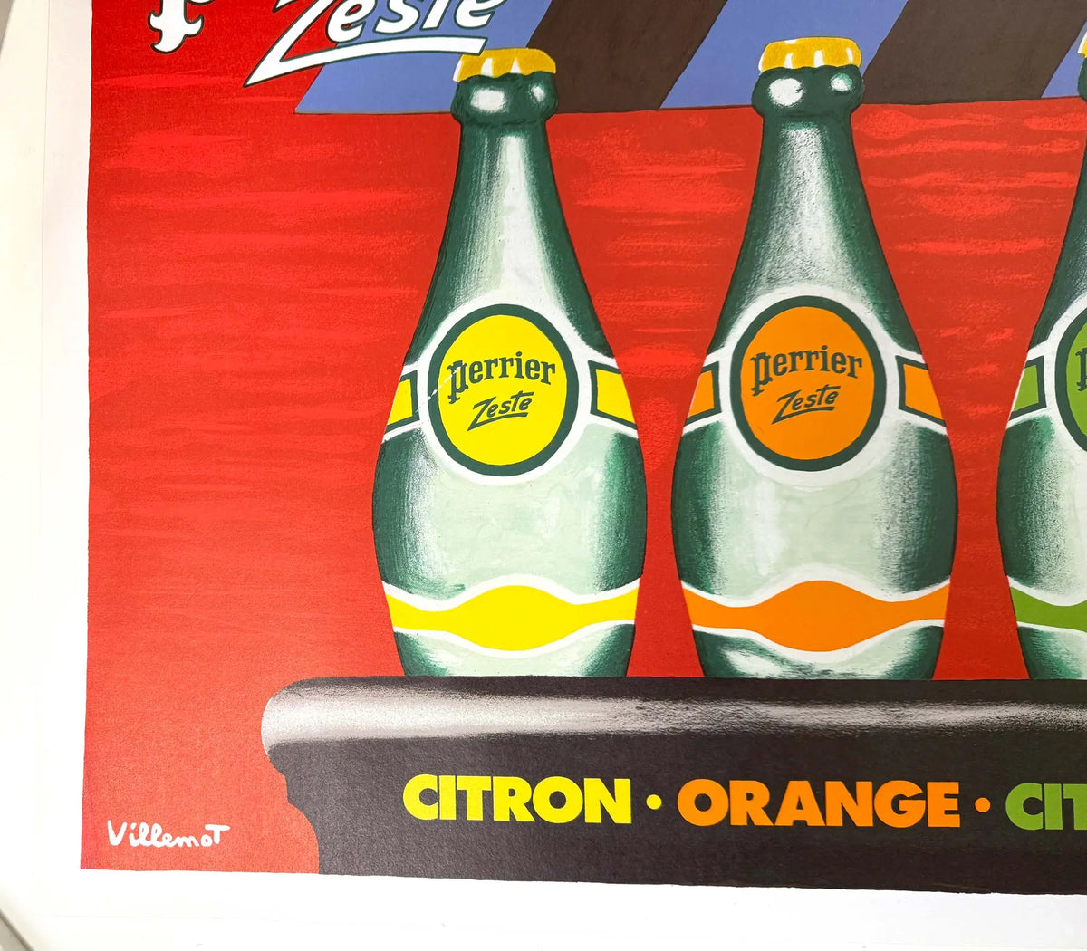 Vintage Perrier Zeste 1987 poster by Bernard Villemot, linen-backed lithograph featuring colorful citrus design.