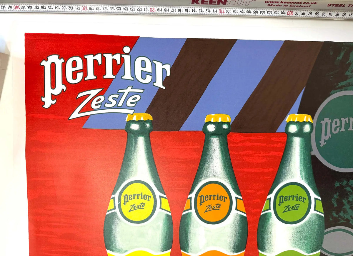 Vintage Perrier Zeste 1987 poster by Bernard Villemot on linen backing, featuring vibrant citrus and Perrier branding artwork.