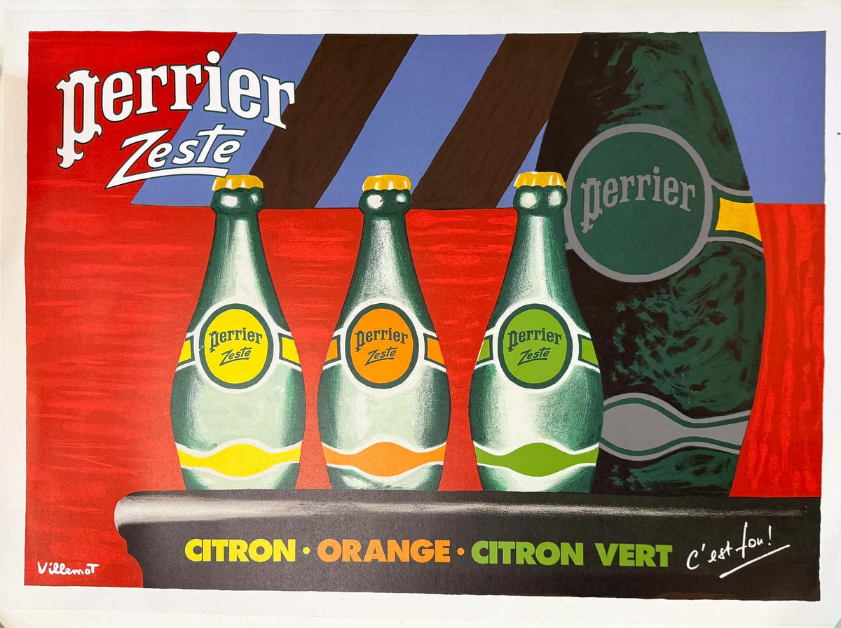 Vintage Perrier Zeste 1987 poster by Bernard Villemot, linen-backed lithograph featuring vibrant fruit and beverage artwork.