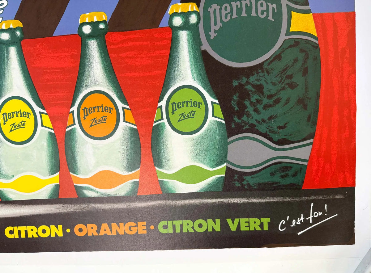 Vintage Perrier Zeste 1987 poster by Bernard Villemot, linen-backed lithograph featuring colorful citrus design and classic branding.