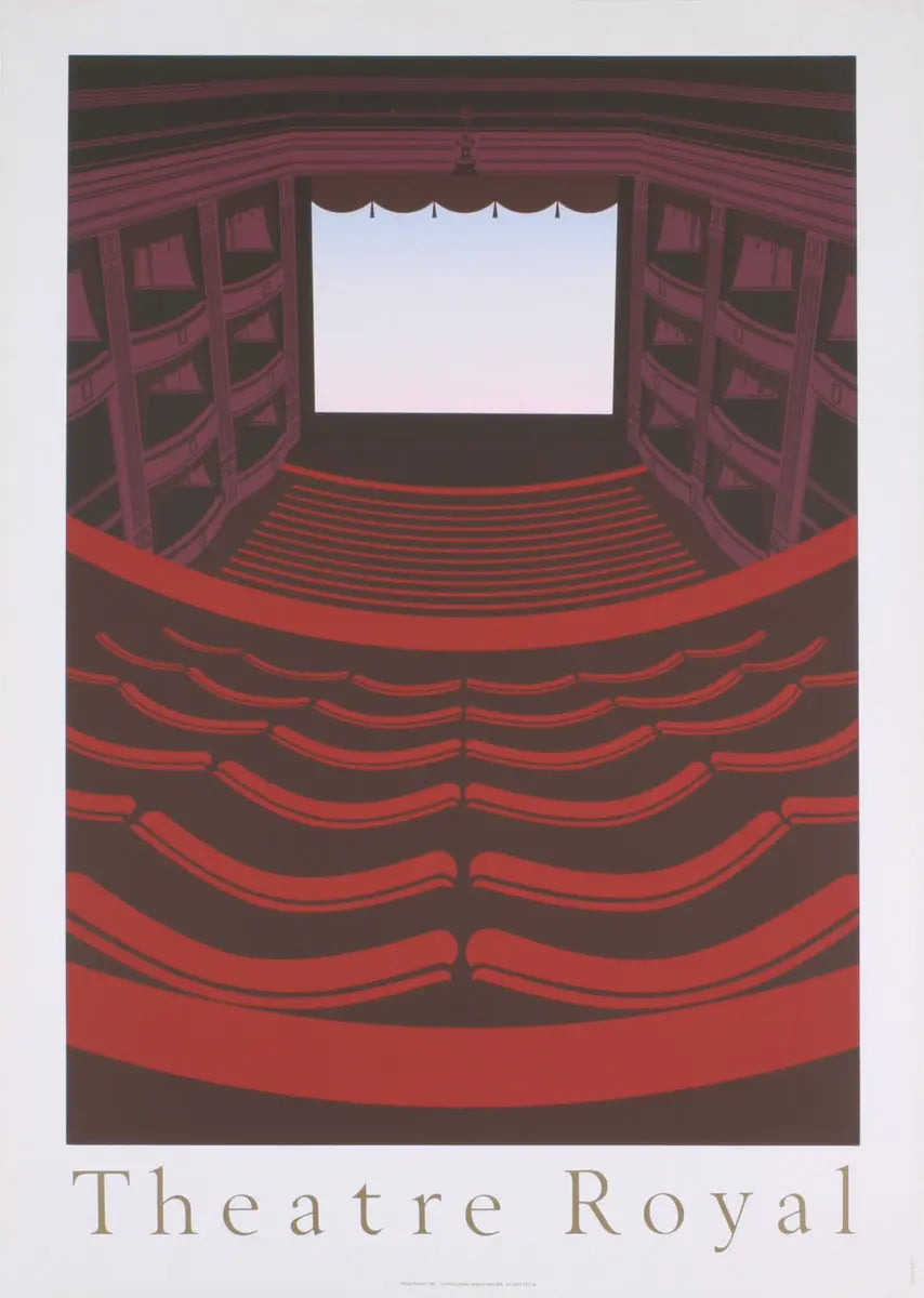 Original Perry King Theatre Royal 1985 serigraph art poster print featuring detailed theater scene in vibrant colors.