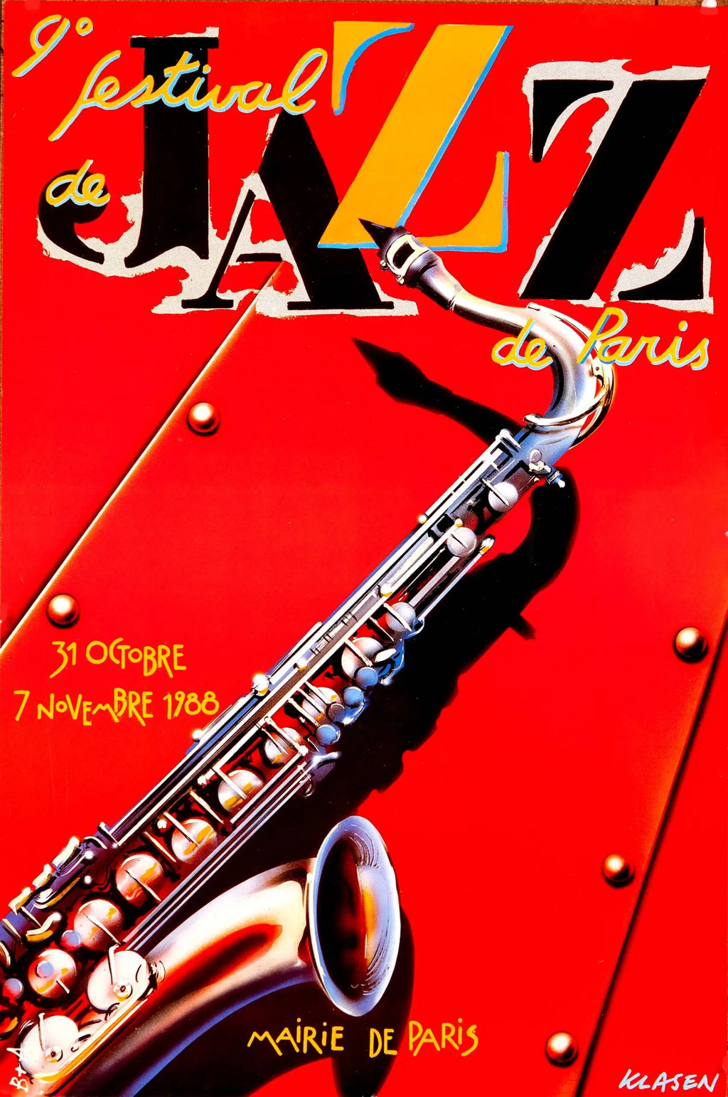 Vintage 1988 Peter Klasen Paris Jazz Festival lithograph poster featuring vibrant jazz festival artwork by artist Peter Klasen.