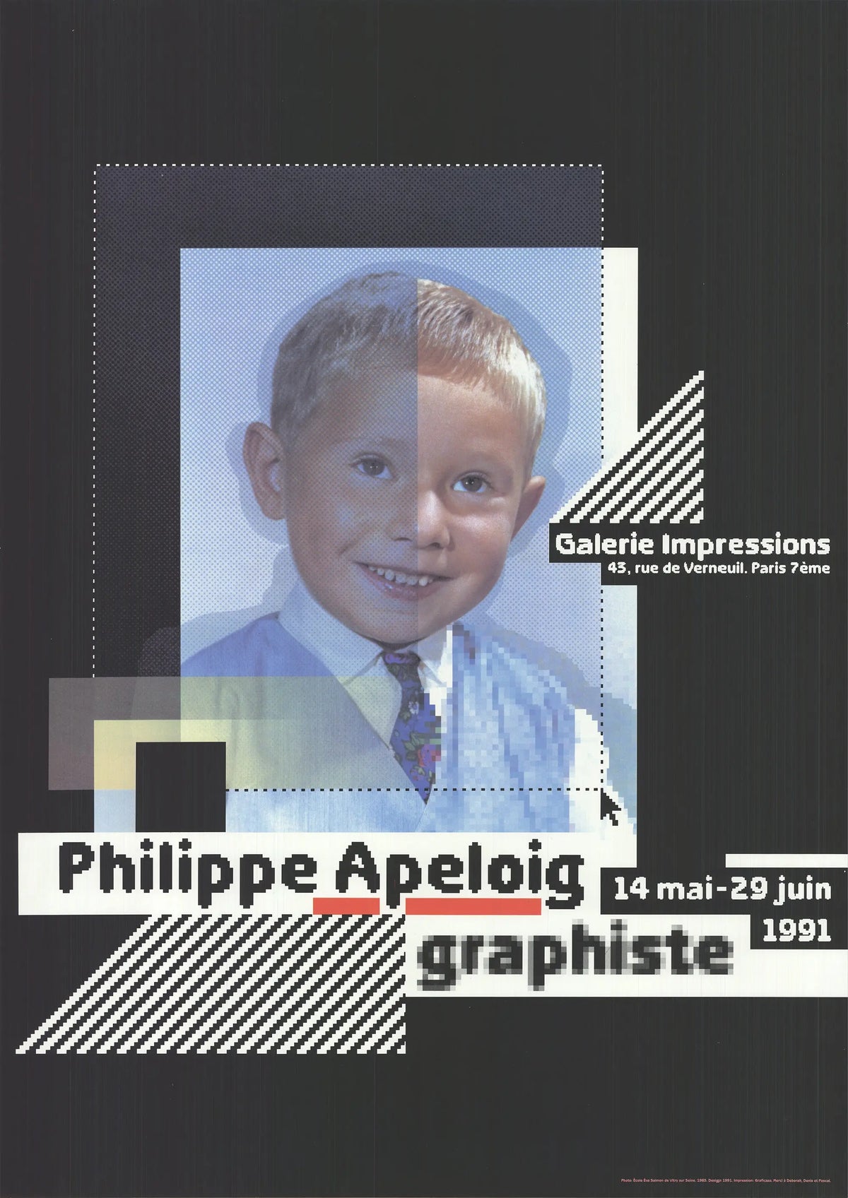 Original Philippe Apeloig lithograph from Expo 91 Galerie exhibition, featuring abstract artwork and vibrant colors.