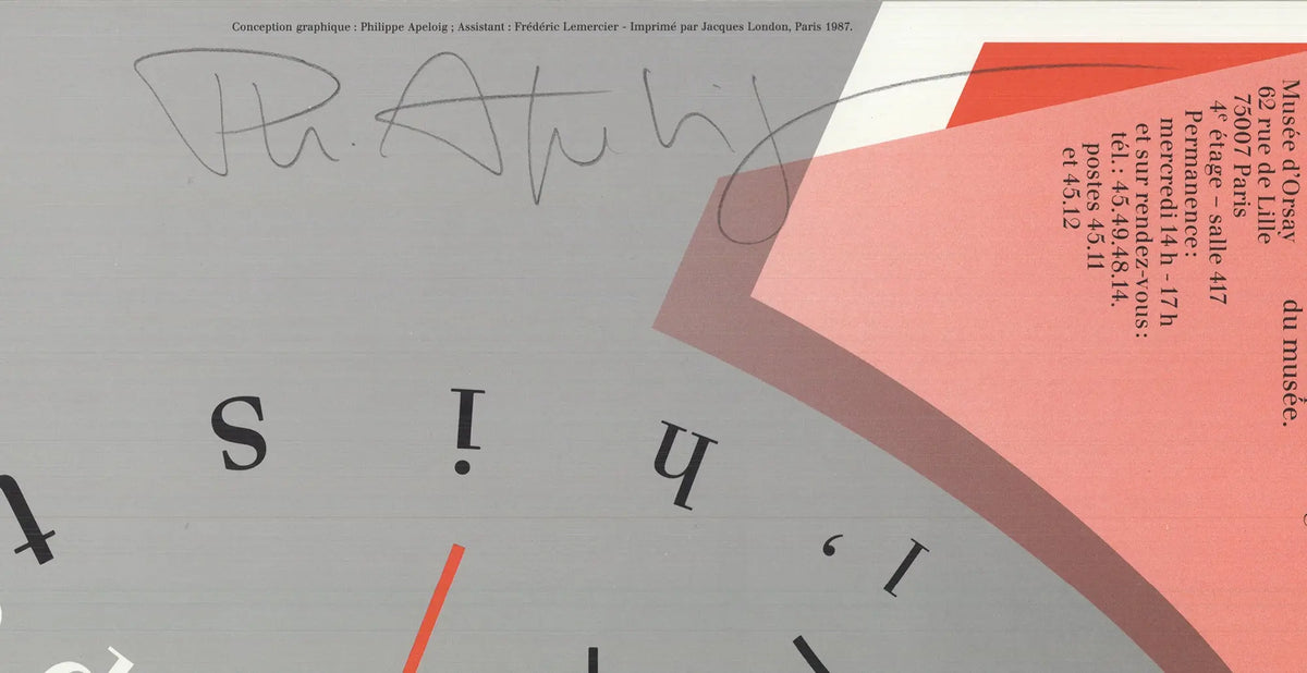 Signed original Philippe Apeloig Musée d'Orsay 1987 exhibition poster featuring vibrant abstract art and bold typography.