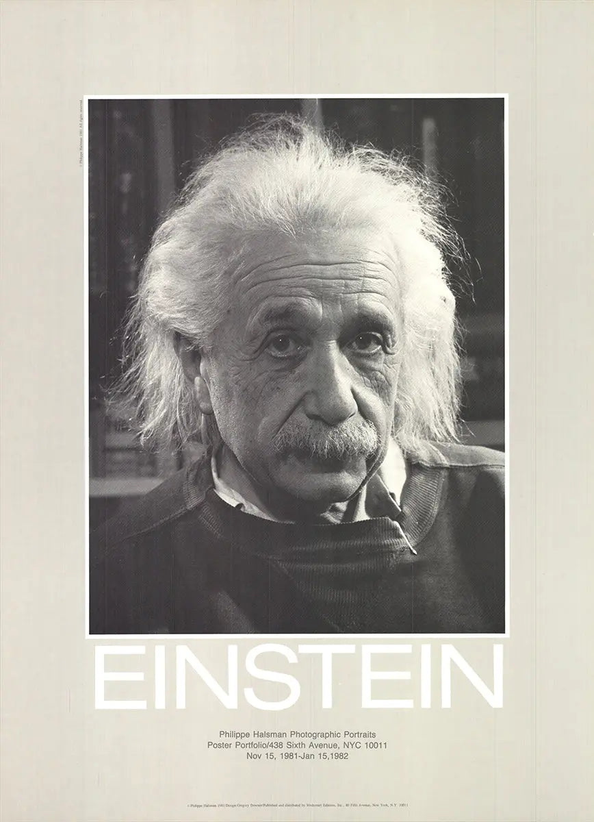 Albert Einstein portrait lithograph by Philippe Halsman, 1981 offset art print showing Einstein's face with signature style.