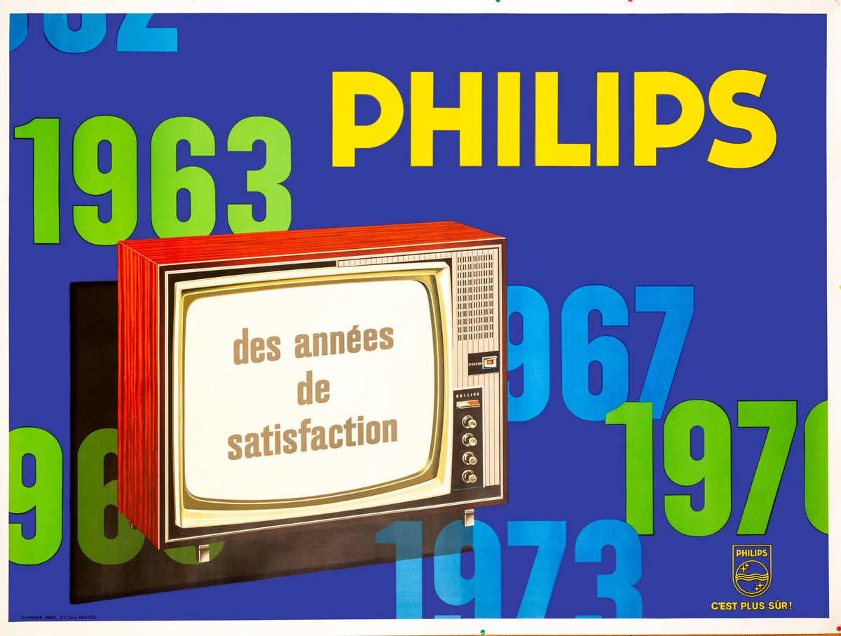 Original 1973 Philips French television lithograph advertising poster featuring vintage TV imagery and classic design elements.