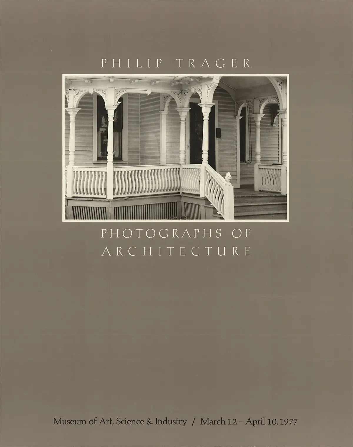 Vintage Phillip Trager photograph of architecture from 1977, presented as an offset lithograph poster.