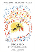 Vintage Pablo Picasso Tauromachie lithograph poster from 1982, depicting bullfighting scene with bold abstract forms.