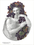 Piero Fornasetti portrait with grapes offset lithograph art poster, 1995, featuring detailed vintage artistic design.
