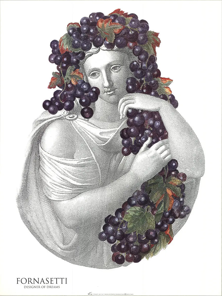 Piero Fornasetti portrait with grapes offset lithograph art poster, 1995, featuring detailed vintage artistic design.