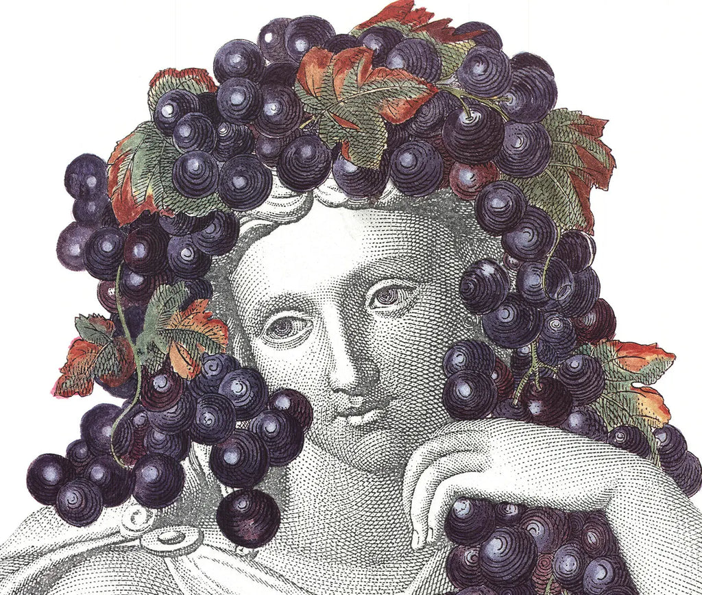 Piero Fornasetti portrait with grapes offset lithograph art poster, 1995, featuring detailed black and white illustration.